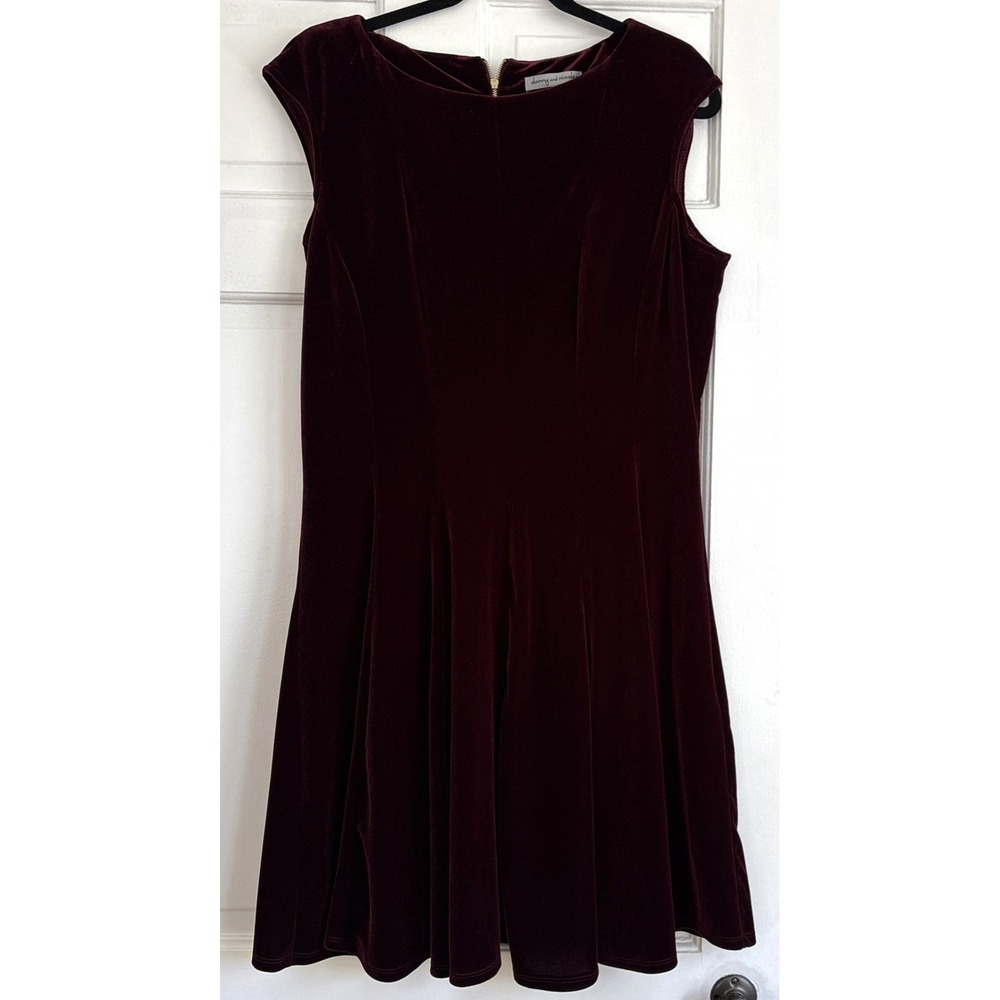 Danny and Nicole Burgundy Velvet Fit and Flare Dress Sleeveless Gold Zip Red 16‎